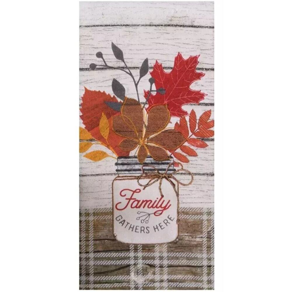 FAMILY GATHERS HERE Fall Towel Dual Purpose Flat Weave Front Terry Back